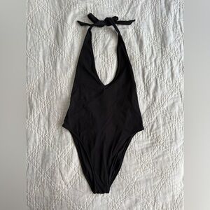 Aerie Black Ribbed Halter One-Piece Swimsuit, size Medium